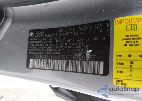 2007 BMW 525I z USA, uszkodzony, nr VIN WBANE535X7CW60337